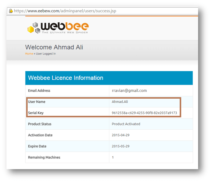 Key Generated Webbee SEO Spider